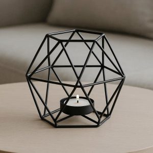 19 Nordic Matte Black Geometric Wire Candle Holder Minimalist Metal Tealight Stand for Coffee Table