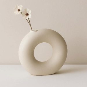 27 Minimalist Ceramic Circular Hollow Vase Doughnut Shape Flower Pot Modern Abstract Sculpture Geometric Table Ornament