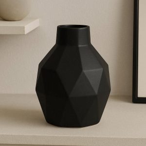 4 Nordic Style Matte Black Ceramic Vase Geometric Decorative Flower Container for Modern Living Room Shelf and Mantel Display