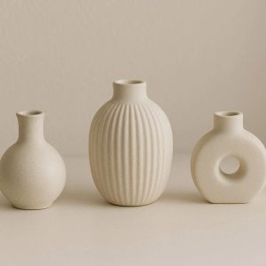 8 Set of Three Miniature Ceramic Vases Different Shapes and Textures for Modern Shelf Styling and Minimalist Home Decor Accents